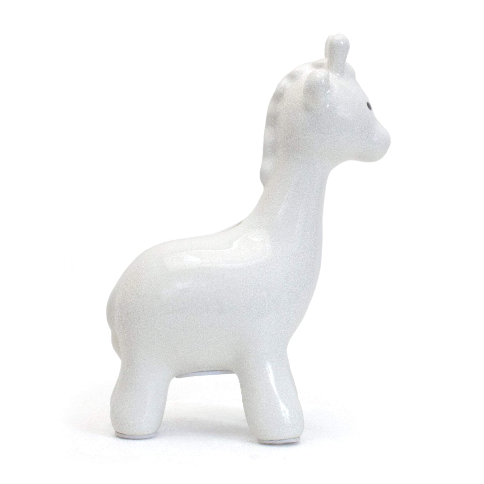 Left side view of white giraffe-shaped ceramic money bank