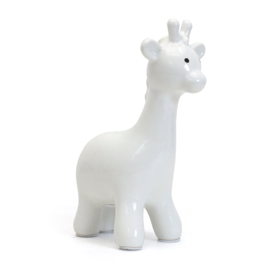 White ceramic giraffe-shaped piggy bank angled view