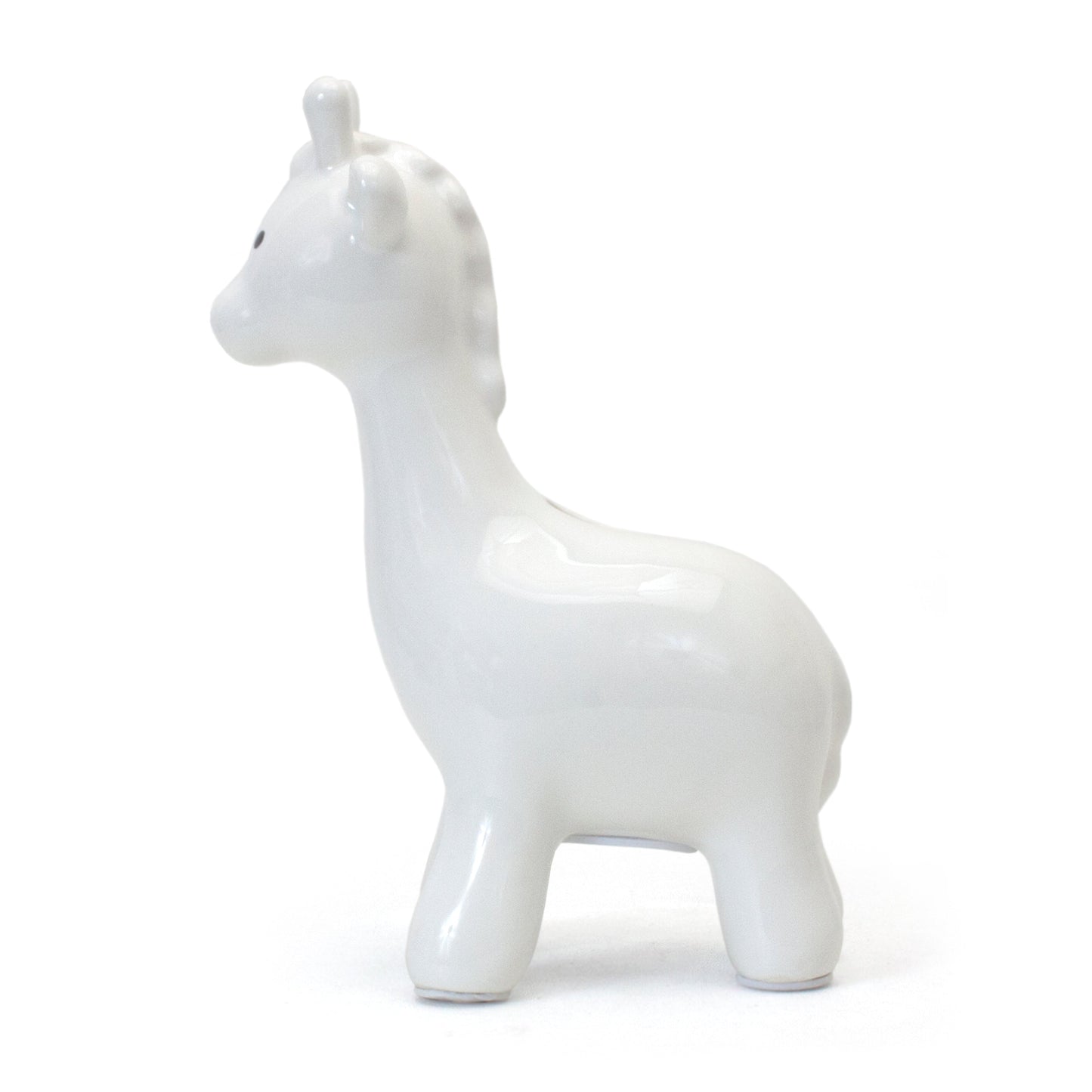 Right side view of white ceramic giraffe piggy bank