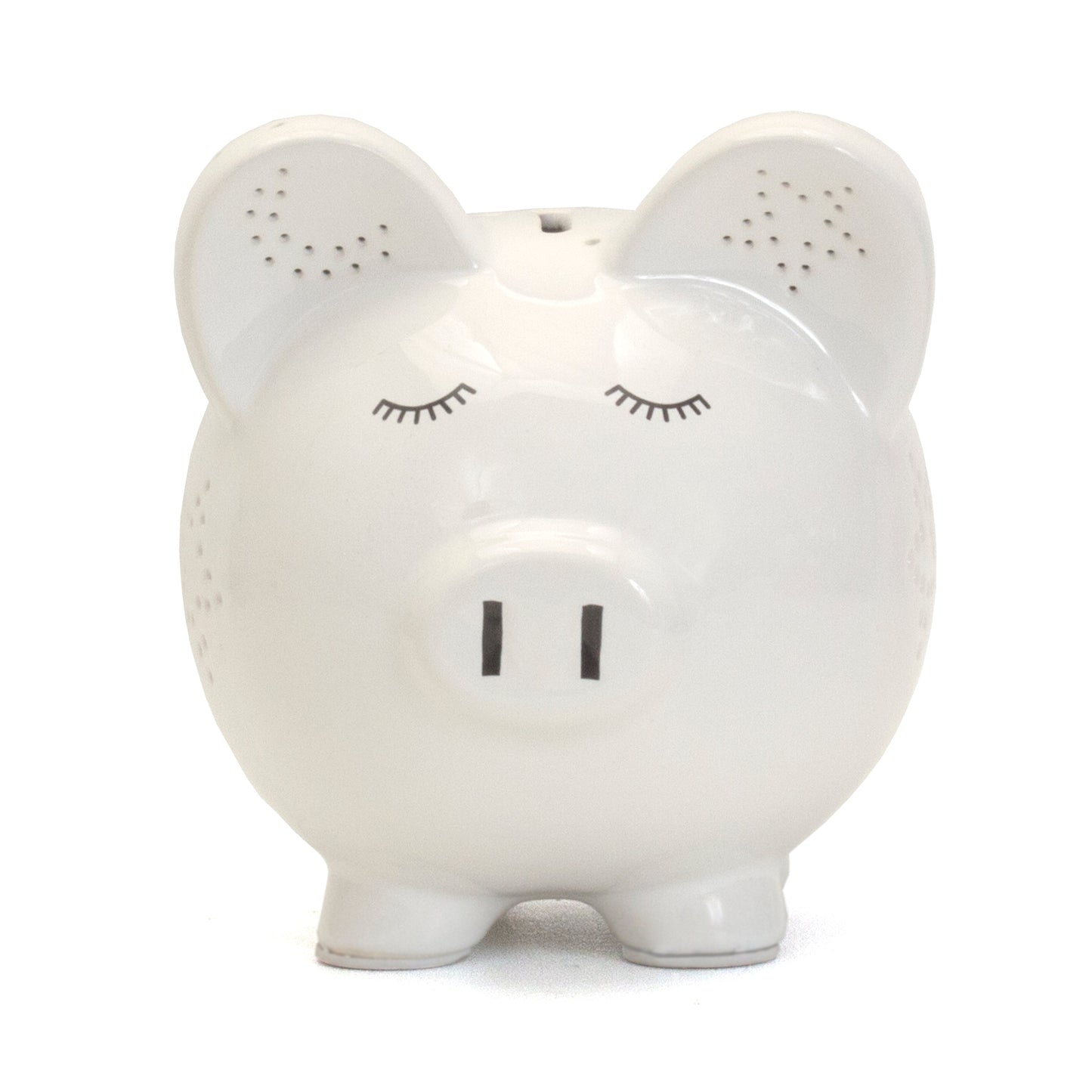 Front view of white piggy bank showing closed eyes and snout details