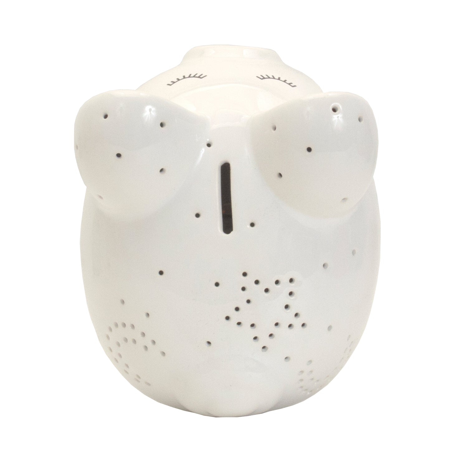 Back view showing coin slot and star perforations on piggy bank ears