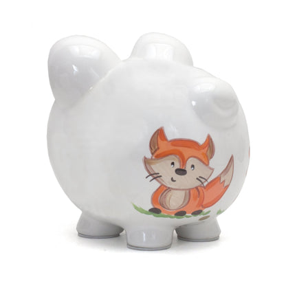 Back right angle of piggy bank showing handpainted fox and smooth glaze
