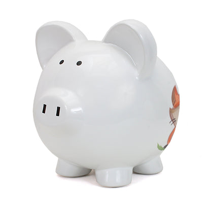 Close-up angled front shot of piggy bank with painted animals and glossy finish