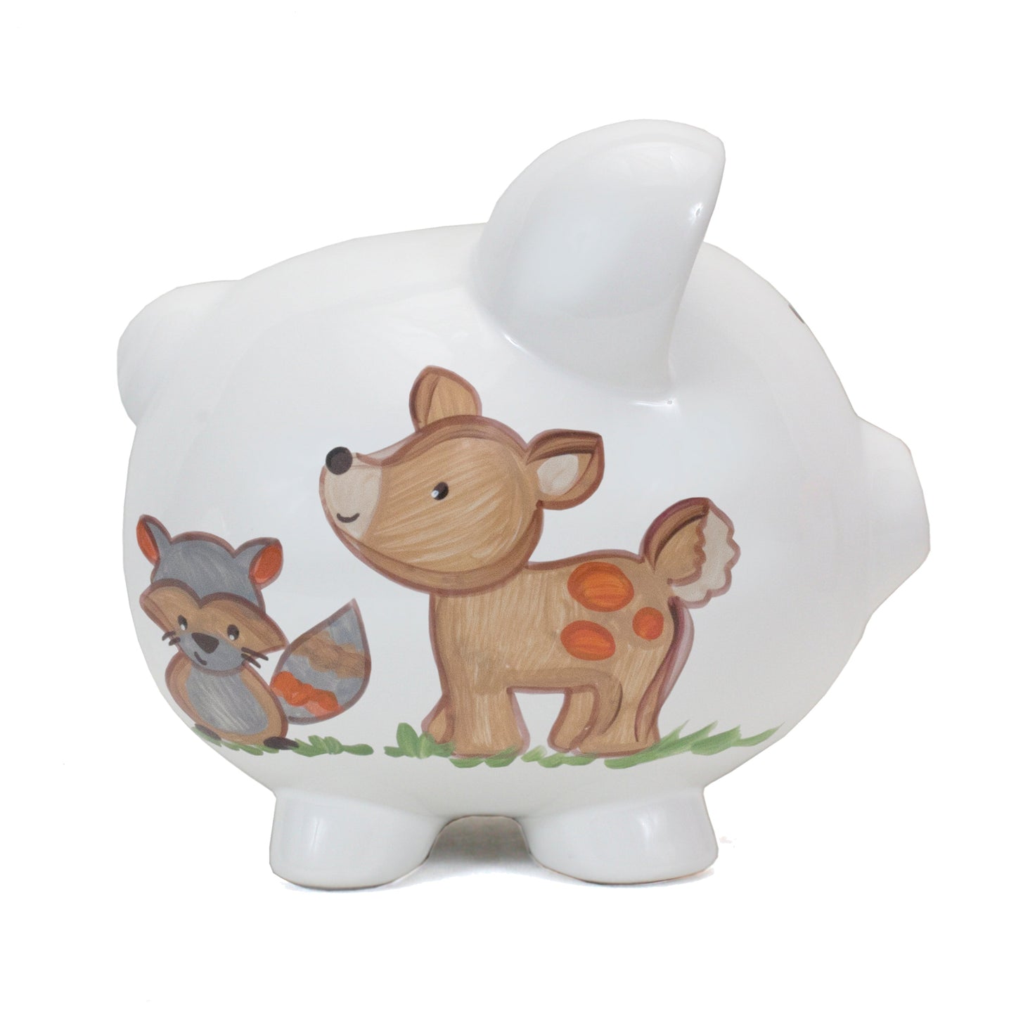 Right side view of piggy bank featuring handpainted fox illustration
