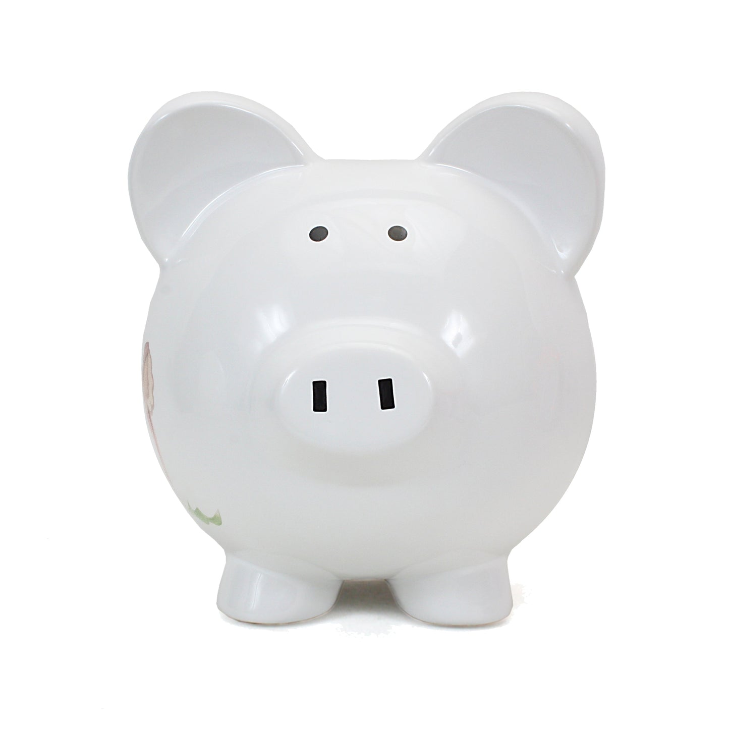 Front view of white ceramic piggy bank with black painted eyes and coin slot visible