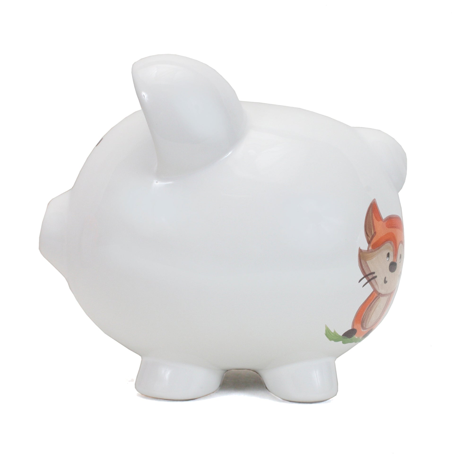 Rear view of white piggy bank showing coin slot on top